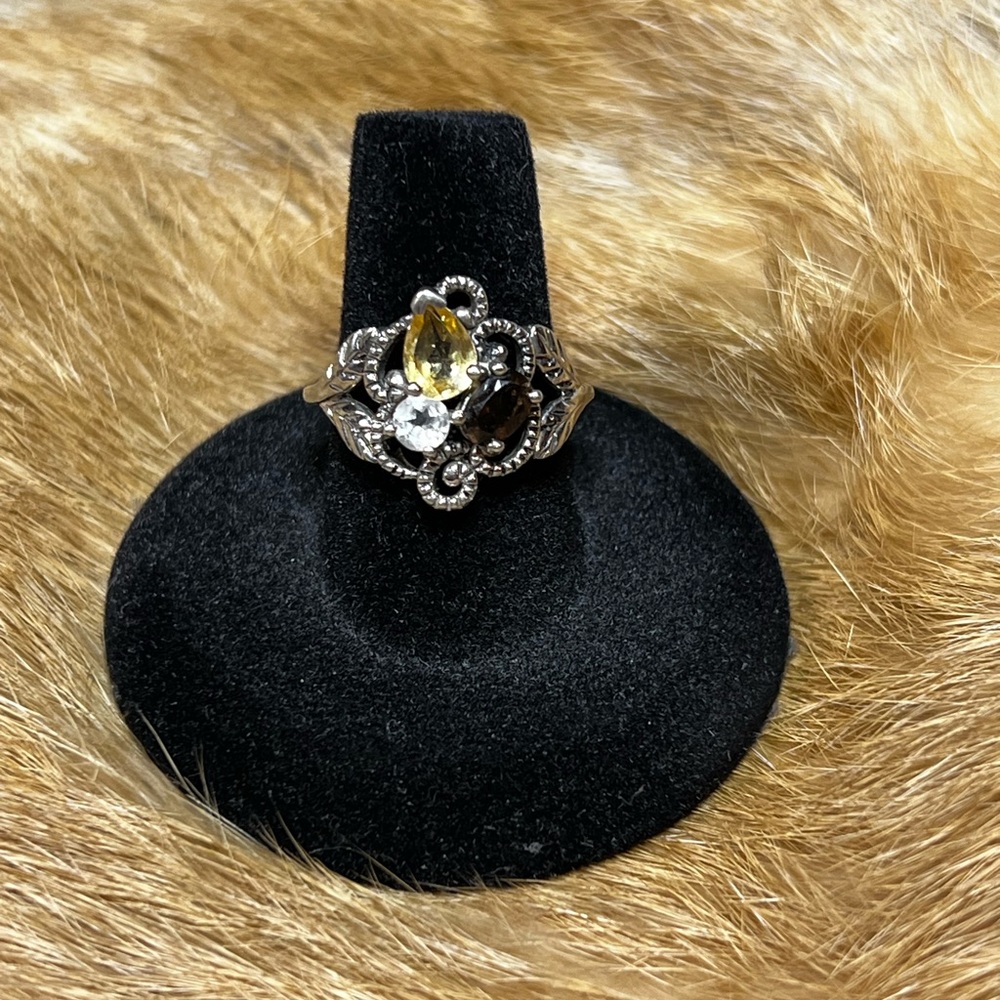 Size 8 .925 SS Ring with Citrine, Smoky Quartz, and CZ